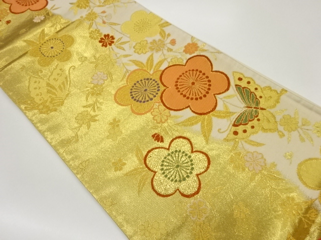 モール枝垂れ花に蝶模様織出し袋帯